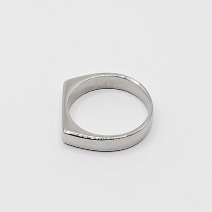 Flat bar stainless steel signet ring in different orientation.