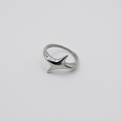 A polished stainless steel ring in the shape of star.